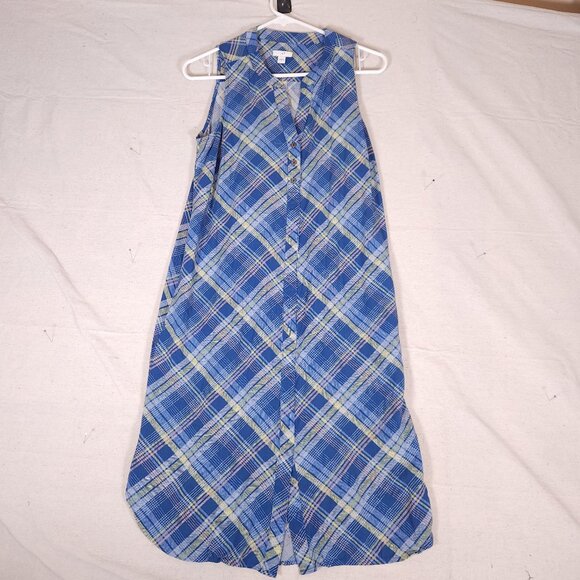 J Jill Sleeveless Midi Dress Womens Small Plaid Buttons Pockets Blue Yellow - Picture 1 of 14